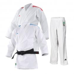 Uniformes de artes marciales. Chaqueta karate franjas rojas. Chaqueta karate franjas azules. Pantalón karate blanco